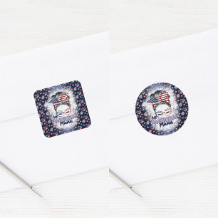 Pegatina Cuadrada Patriótico All American Mama Messy Bun