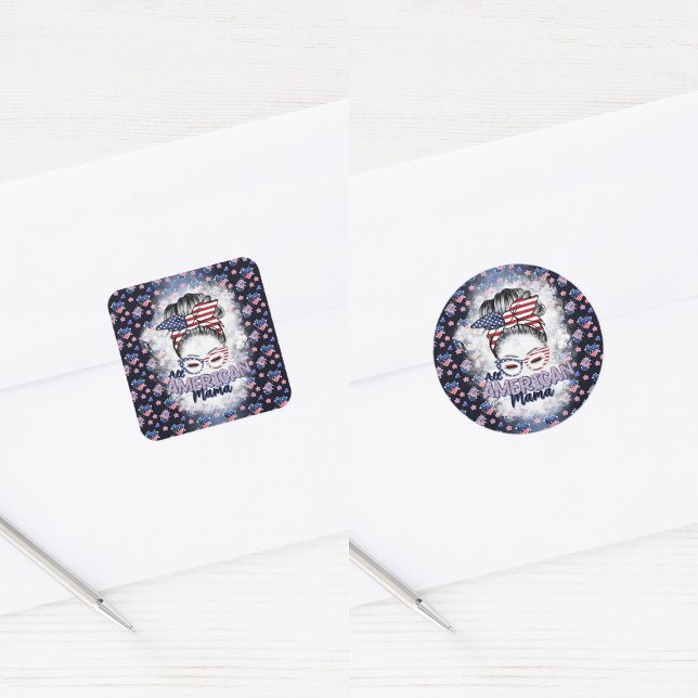 Pegatina Cuadrada Patriótico All American Mama Messy Bun (Subido por el creador)