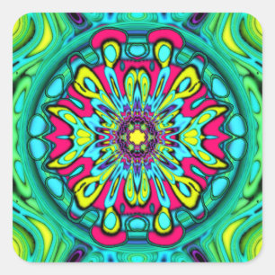 Pegatina Cuadrada Patrón abstracto de flores psicodélicas colorida