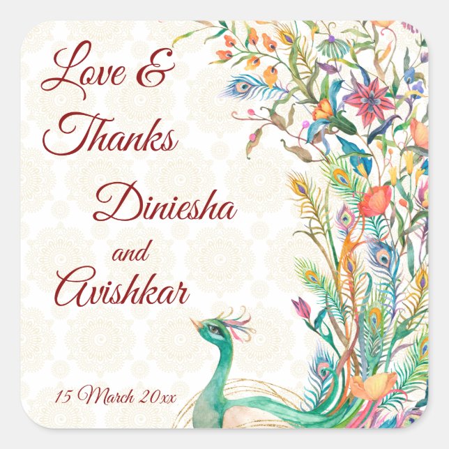 Pegatina Cuadrada Patrón árabe de pavo real Regalo de la boda india (Anverso)