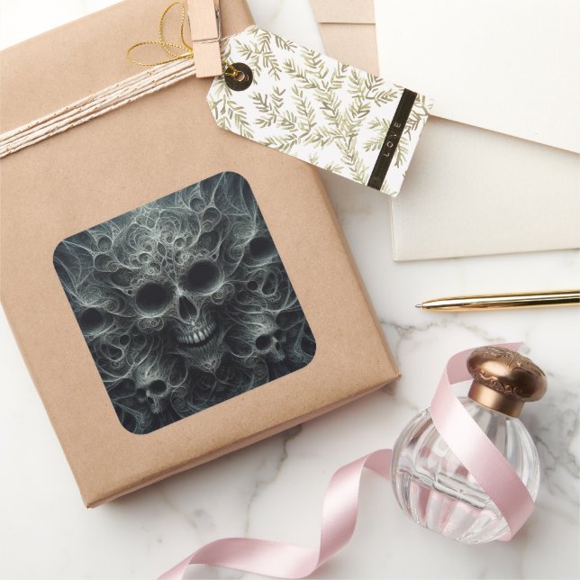 Pegatina Cuadrada Patrón asustado con basura, fantasía oscura (Regalar)