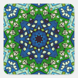 Pegatina Cuadrada Patrón azul verde retro mosaico de Mandala