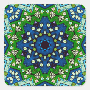 Pegatina Cuadrada Patrón azul verde retro mosaico de Mandala