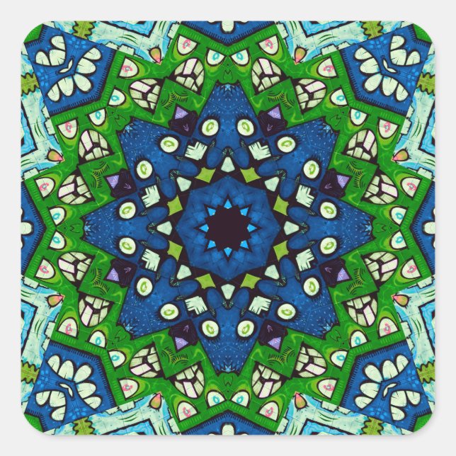 Pegatina Cuadrada Patrón azul verde retro mosaico de Mandala (Anverso)