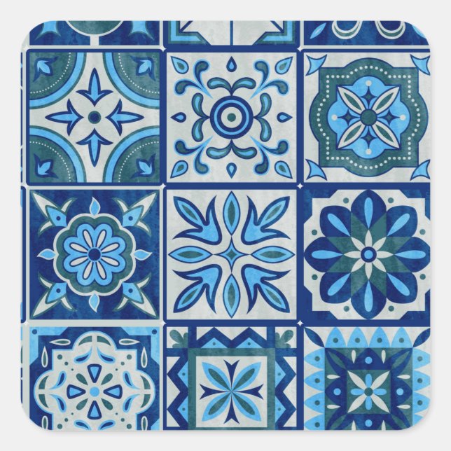 Pegatina Cuadrada Patrón Azulejos Azul Portugal (Anverso)