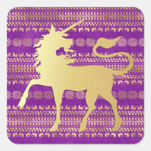 Pegatina Cuadrada Patrón bohemio dorado y púrpura y unicornio