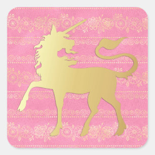 Pegatina Cuadrada Patrón bohemio dorado y rosa & Unicornio