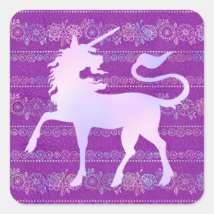Pegatina Cuadrada Patrón bohemio iridiscente y silueta de unicornio