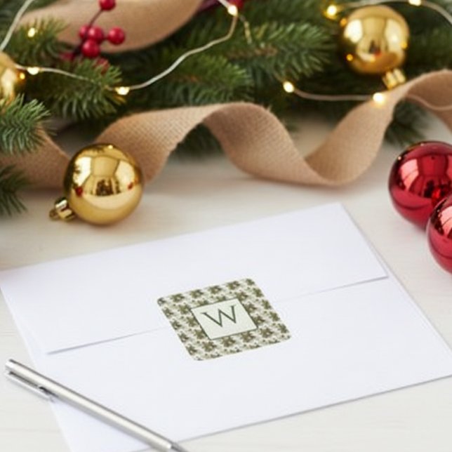 Pegatina Cuadrada Patrón botánico de acuarela de invierno (Holiday monogram sticker)