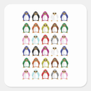 Pegatina Cuadrada Patrón Colorido de Pingüino Lindo Kawaii Divertido