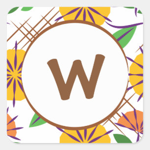 Pegatina Cuadrada Patrón contemporáneo floral retro amarillo + Naran