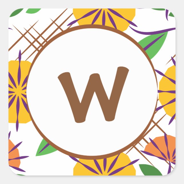 Pegatina Cuadrada Patrón contemporáneo floral retro amarillo + Naran (Anverso)
