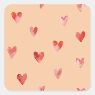 Pegatina Cuadrada Patrón continuo de Corazones en Acuarela