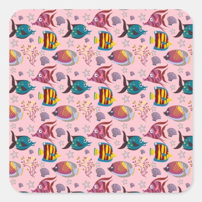 Pegatina Cuadrada Patrón de animales acuáticos | vida submarina en e (Anverso)