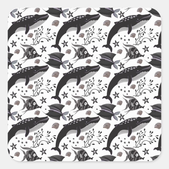 Pegatina Cuadrada Patrón de animales acuáticos | vida submarina en l (Anverso)