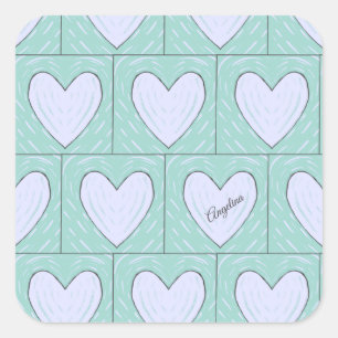 Pegatina Cuadrada Patrón de Applit Quilt para el corazón verde