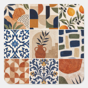 Pegatina Cuadrada Patrón de azulejos bohemios mediterráneos