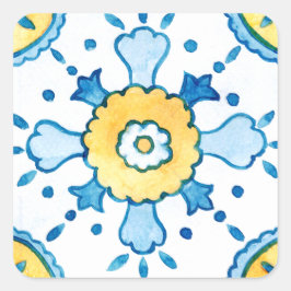 Pegatina Cuadrada Patrón de azulejos marroquíes en acuarela azul y a