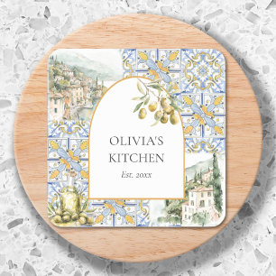 Pegatina Cuadrada Patrón de azulejos mediterráneos de olivo amarillo