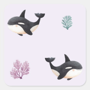 Pegatina Cuadrada Patrón de ballena orca lindo para guardería de vid