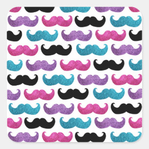 Pegatina Cuadrada Patrón de bigote colorido (purpurina falso)