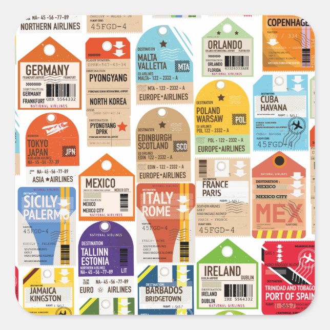 Pegatina Cuadrada Patrón de billetes de viaje de época. (Anverso)