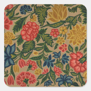 Pegatina Cuadrada Patrón de bordado floral vintage de crewel