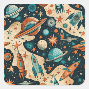 Pegatina Cuadrada Patrón de buques de cohetes de naves espaciales vi