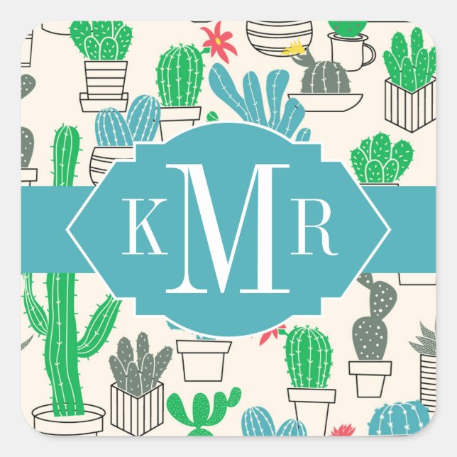 Pegatina Cuadrada Patrón de Cacti floral natural (Anverso)