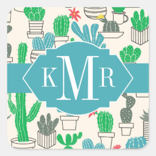 Pegatina Cuadrada Patrón de Cacti floral natural