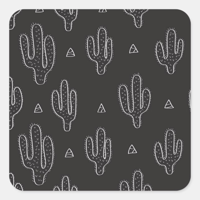 Pegatina Cuadrada Patrón de cactus negro dibujado a mano (Anverso)