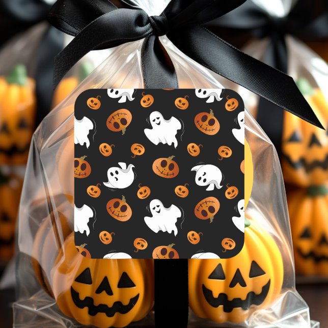 Pegatina Cuadrada Patrón de calabaza fantasma de Halloween (Subido por el creador)