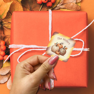 Pegatina Cuadrada Patrón de calabazas otoñales personalizado