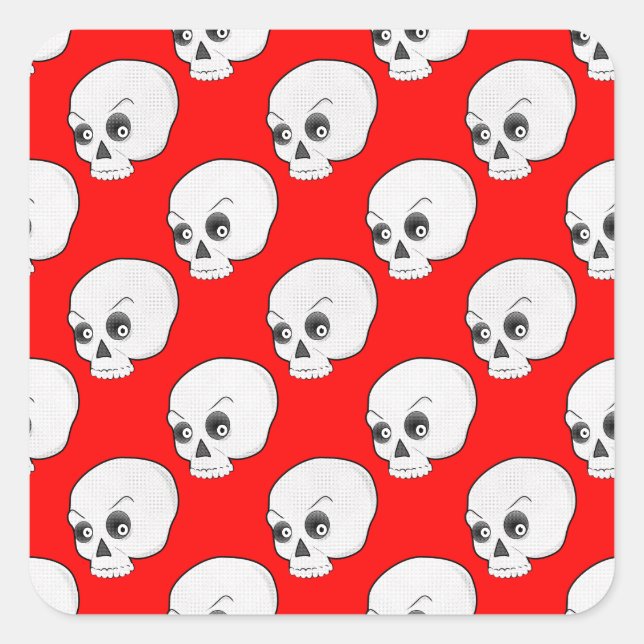 Pegatina Cuadrada Patrón De Calavera En Fondo Rojo (Anverso)