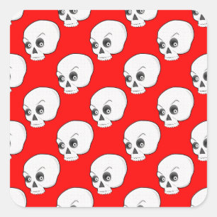 Pegatina Cuadrada Patrón De Calavera En Fondo Rojo
