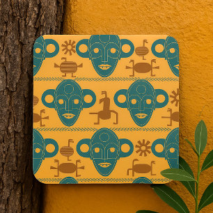 Pegatina Cuadrada Patrón de cara étnica africana de la máscara triba