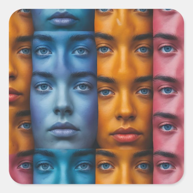 Pegatina Cuadrada Patrón de caras coloridas (Anverso)
