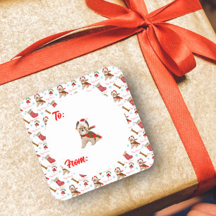 Pegatina Cuadrada Patrón de Celebración de Navidad con Yorkie