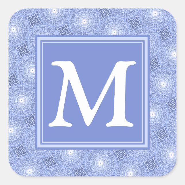 Pegatina Cuadrada Patrón de círculos azules de monograma (Anverso)