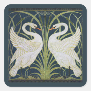 Pegatina Cuadrada Patrón de cisnes Art Nouveau: Impresión de cisne d
