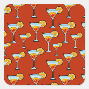 Pegatina Cuadrada Patrón de cócteles Martini Naranja oscuro