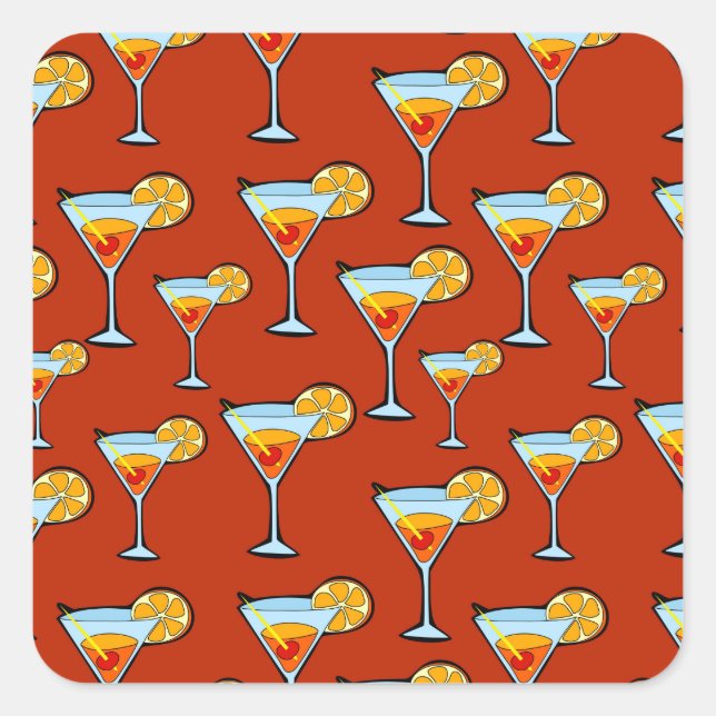 Pegatina Cuadrada Patrón de cócteles Martini Naranja oscuro (Anverso)