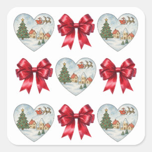 Pegatina Cuadrada Patrón de Corazón y Lazos de Coqueta de Navidad
