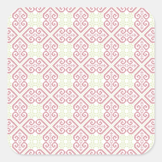 Pegatina Cuadrada Patrón de corazones de bordado de costillas cruzad (Anverso)