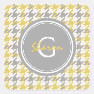 Pegatina Cuadrada Patrón de cuadros houndstooth retro amarillo y gri