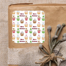 Pegatina Cuadrada Patrón de Cupcake de Feliz Navidad con Acuarela