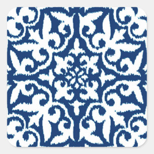 Pegatina Cuadrada Patrón de damasco de Ikat - Azul cobalto y blanco