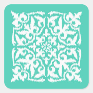 Pegatina Cuadrada Patrón de damasco de Ikat - azul y blanco de pavo