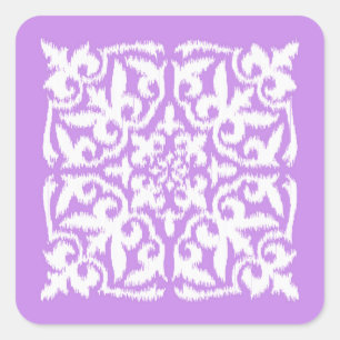 Pegatina Cuadrada Patrón de damasco de Ikat - lavanda y blanco