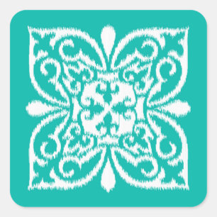 Pegatina Cuadrada Patrón de damasco de Ikat - turquesa y blanco